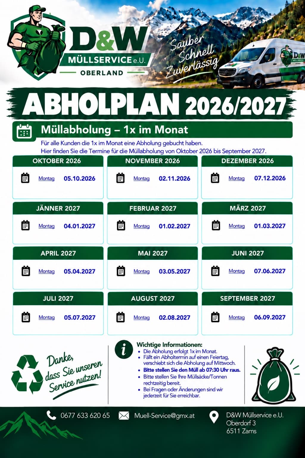 Abholplan 2026/2027 für Fließ, 1× im Monat, mit allen Terminen von Oktober 2026 bis September 2027