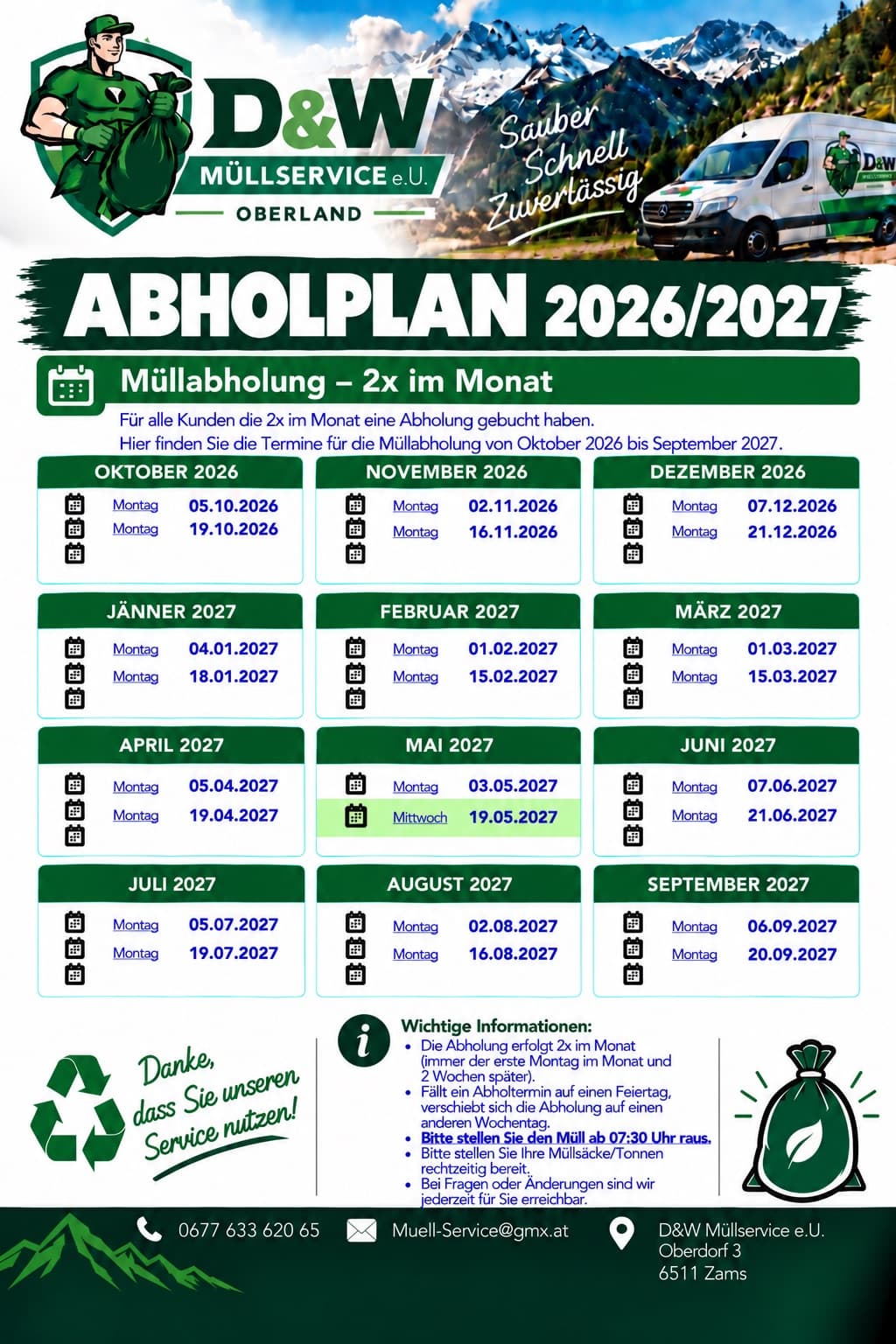 Abholplan 2026/2027 für Fließ, 2× im Monat, mit allen Terminen von Oktober 2026 bis September 2027