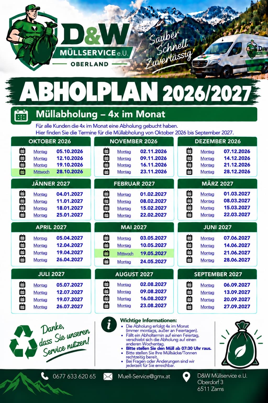 Abholplan 2026/2027 für Fließ, 4× im Monat, mit allen Terminen von Oktober 2026 bis September 2027