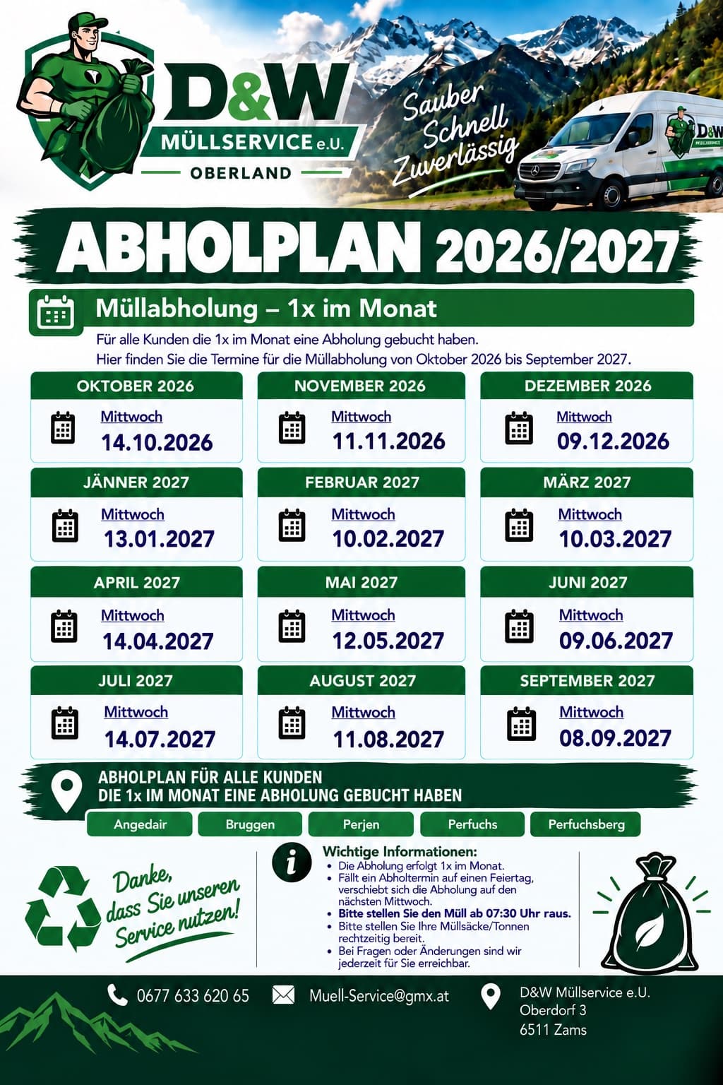 Abholplan 2026/2027 für Landeck (Angedair, Bruggen, Perjen, Perfuchs, Perfuchsberg), 1× im Monat, mit allen Terminen von Oktober 2026 bis September 2027