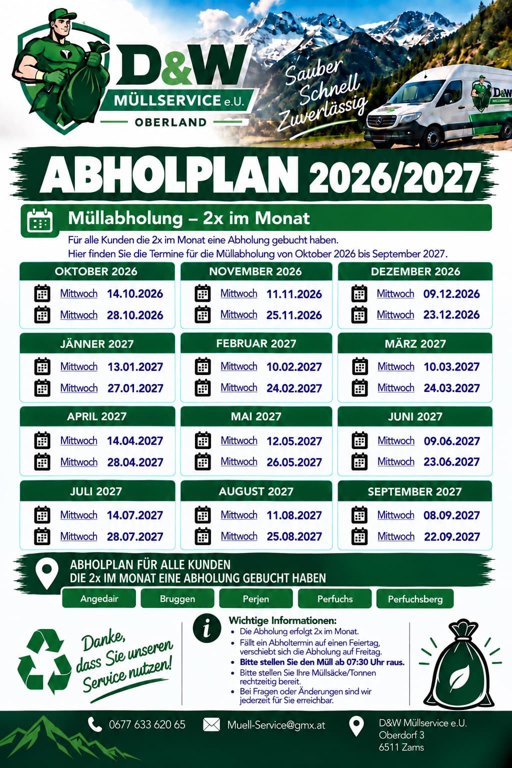 Abholplan 2026/2027 für Landeck (Angedair, Bruggen, Perjen, Perfuchs, Perfuchsberg), 2× im Monat, mit allen Terminen von Oktober 2026 bis September 2027