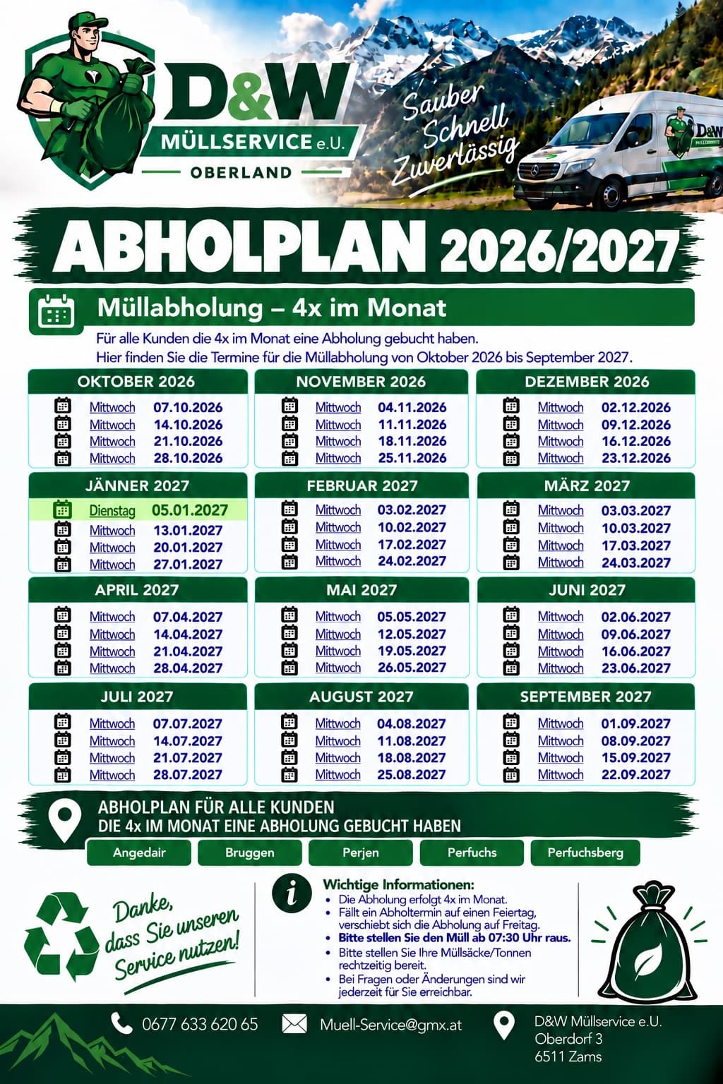 Abholplan 2026/2027 für Landeck (Angedair, Bruggen, Perjen, Perfuchs, Perfuchsberg), 4× im Monat, mit allen Terminen von Oktober 2026 bis September 2027