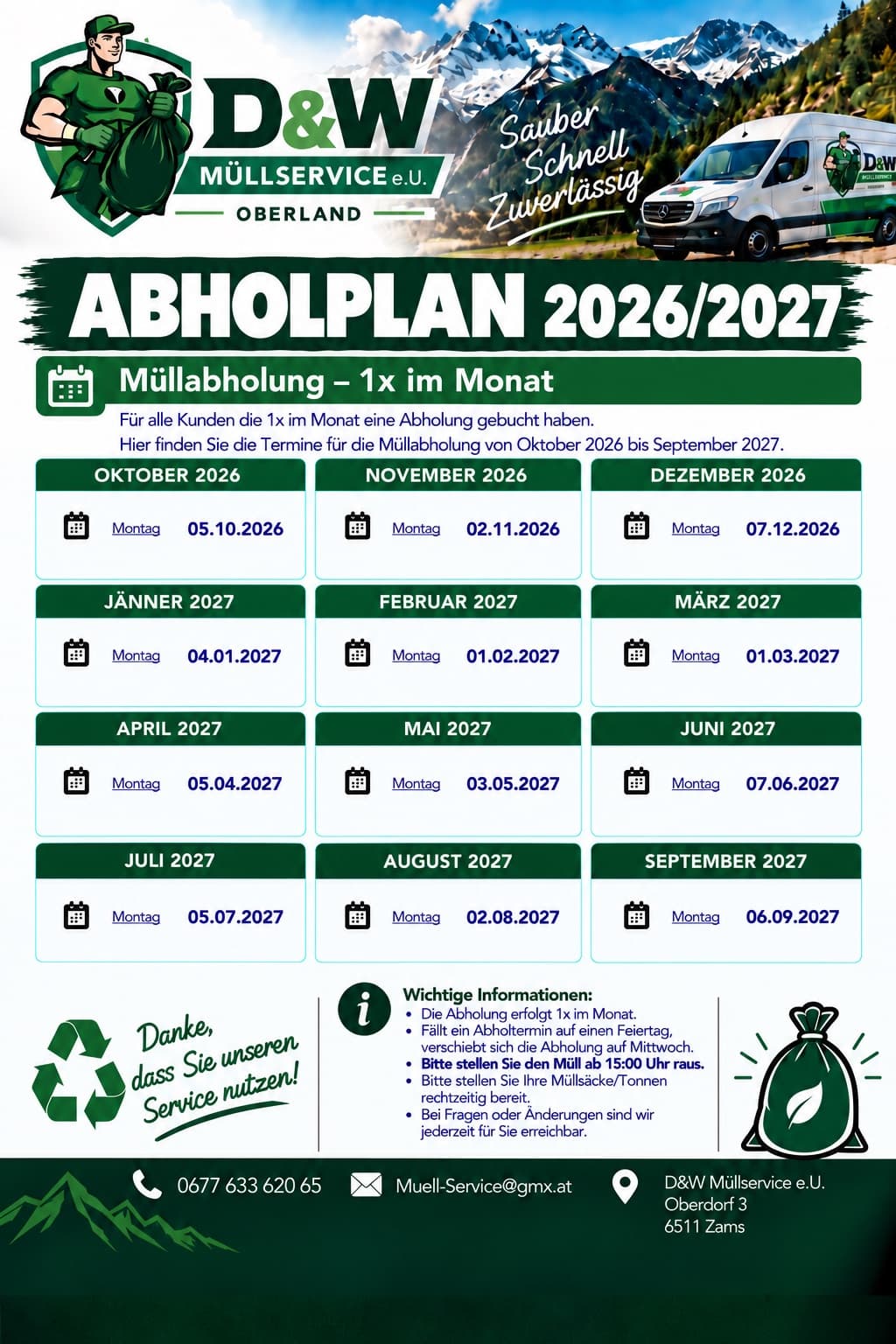Abholplan 2026/2027 für Zams, 1× im Monat, mit allen Terminen von Oktober 2026 bis September 2027