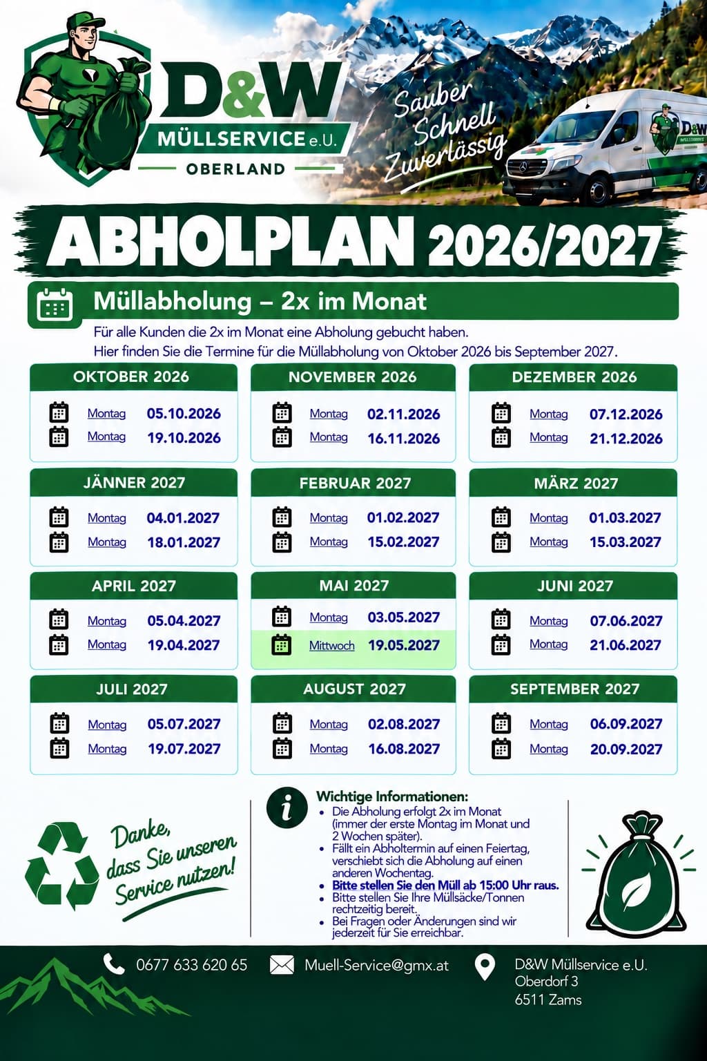 Abholplan 2026/2027 für Zams, 2× im Monat, mit allen Terminen von Oktober 2026 bis September 2027