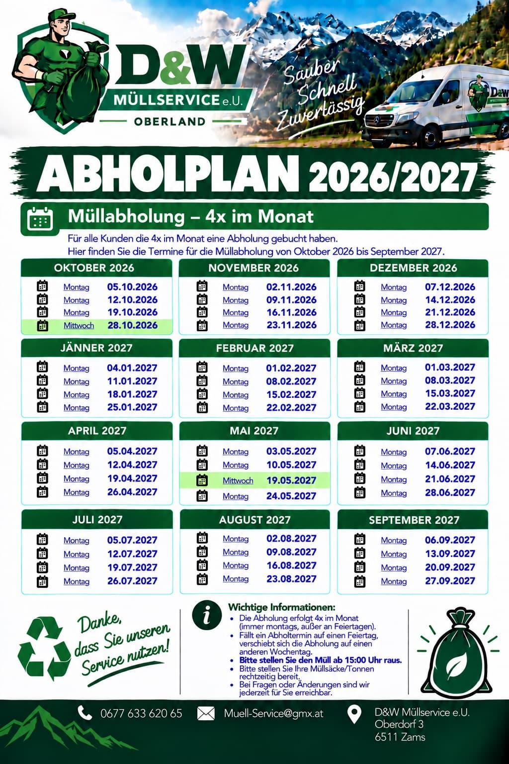Abholplan 2026/2027 für Zams, 4× im Monat, mit allen Terminen von Oktober 2026 bis September 2027